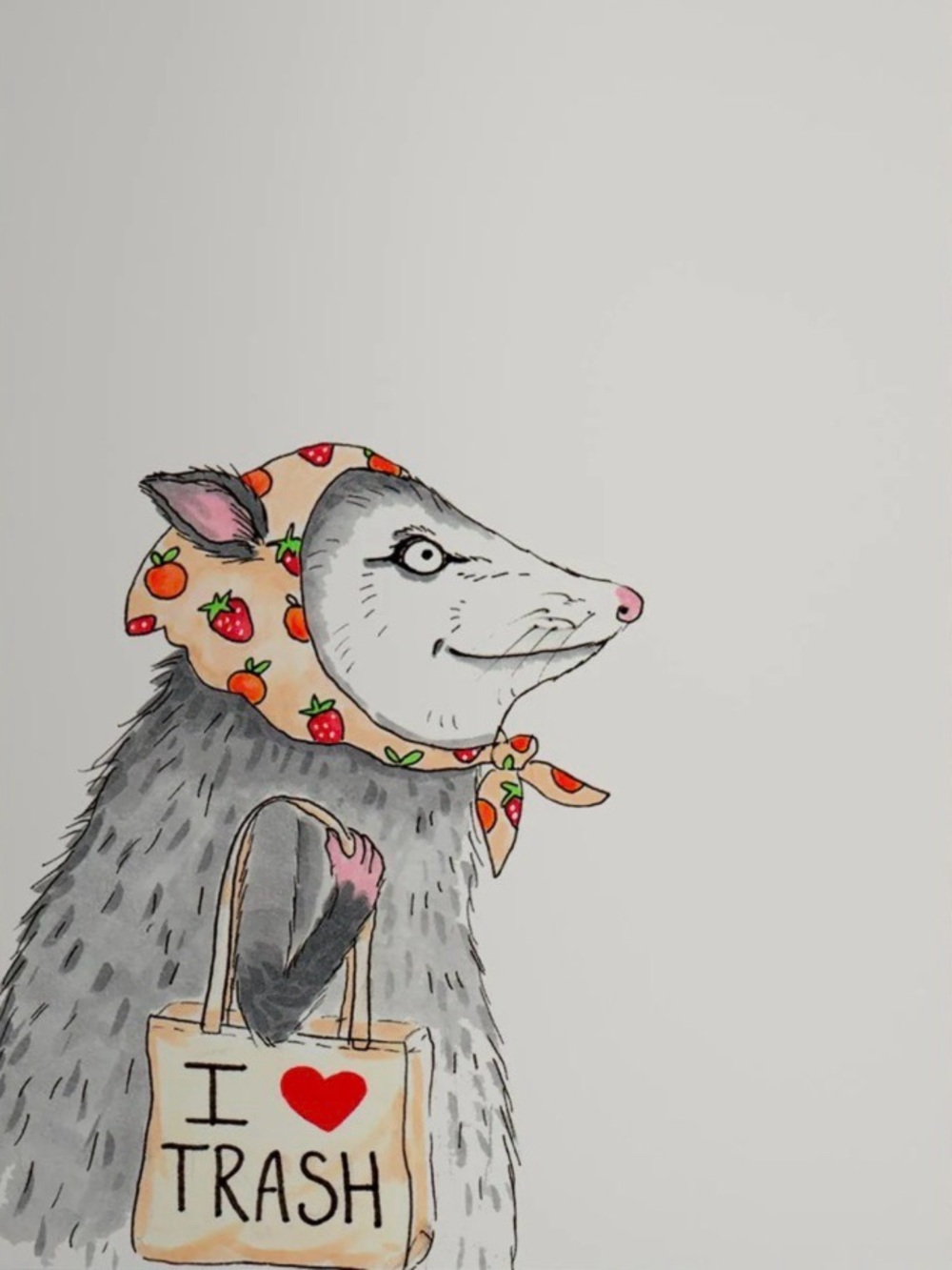Opossum Illustration with Strawberry Headscarf Print 8x10"
